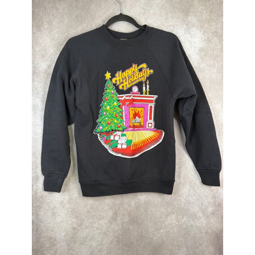 VTG 80s Tultex Happy Holidays Christmas Tree Fireplace‎ Sweatshirt Size Small